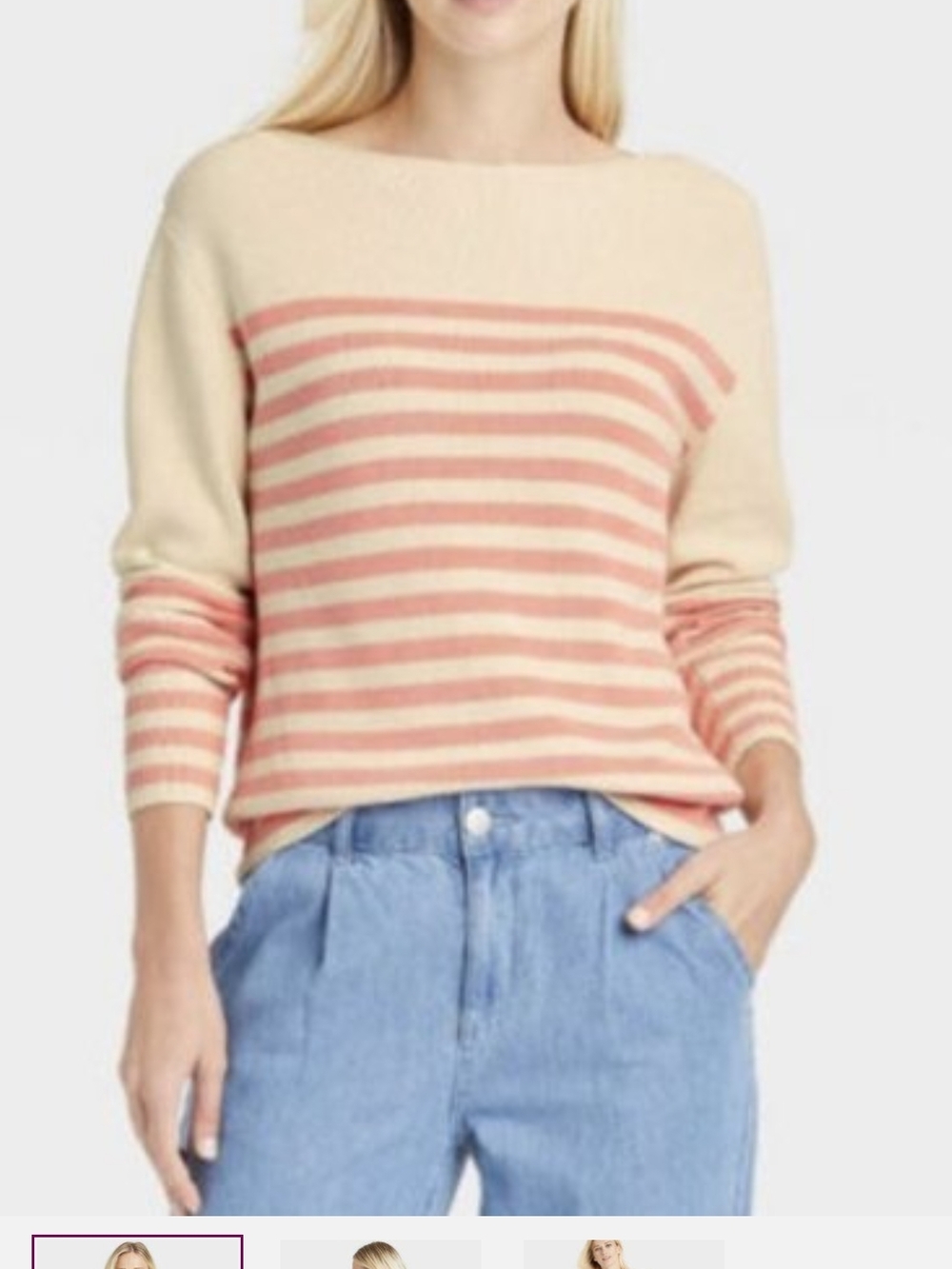 Who What Wear Cream and Pink Striped Off-the-Shoulder Sweater